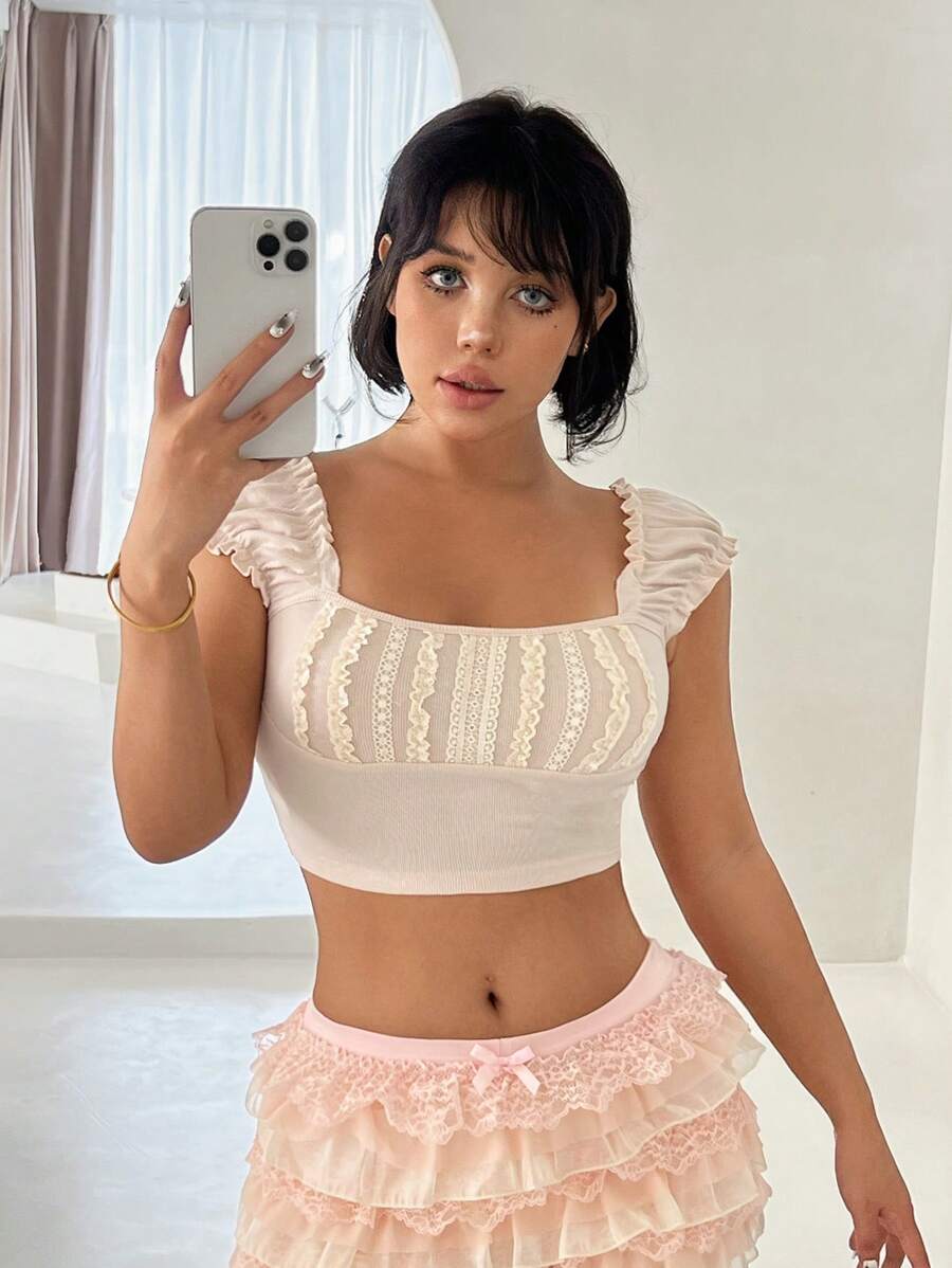 Sweetina Y2k Summer Spring Outfits Puff Sleeve, Lace, Ruched, And Frilled Decoration Fitted T-Shirt