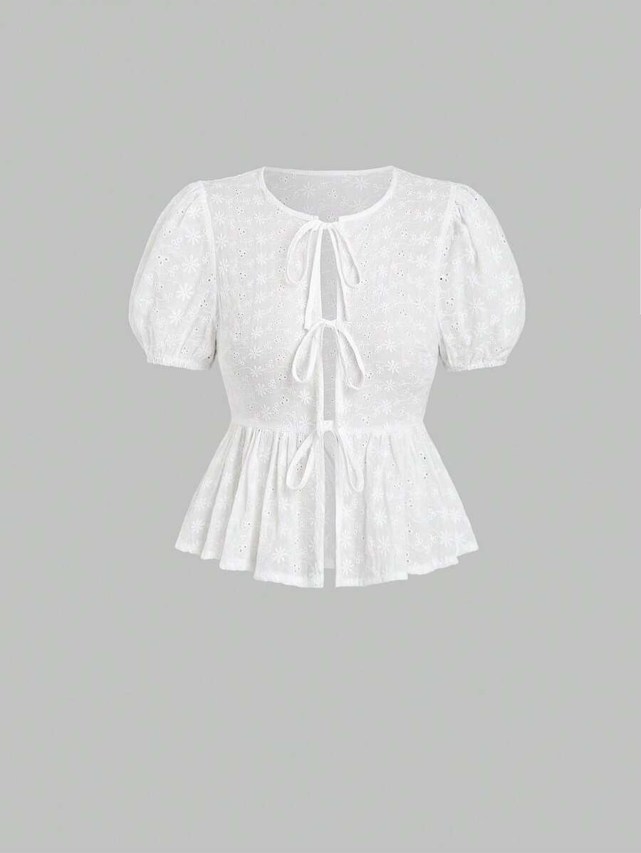Sweetra Women Short-Sleeved Shirt With Tied Neckline And Ruffled Hem Y2K Outfit