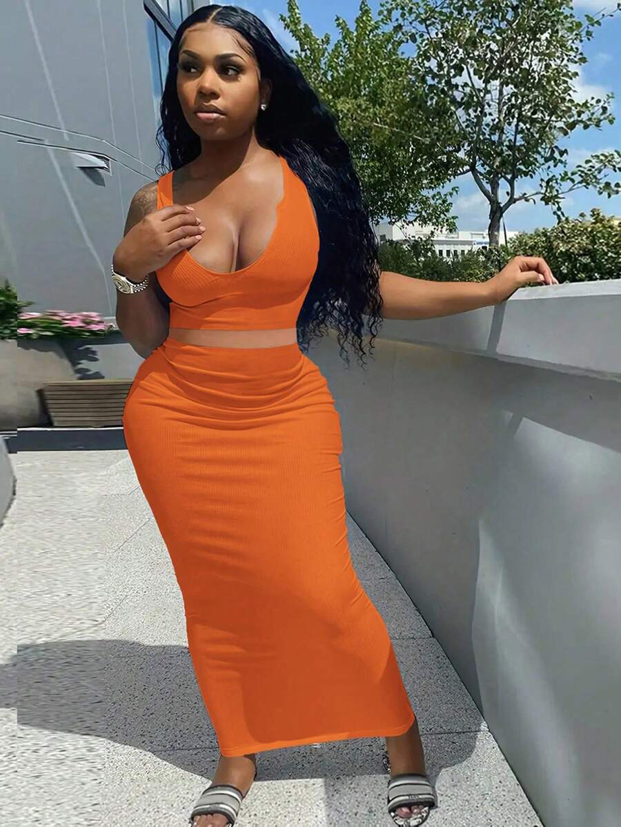 INAWLY Plus Size Women Solid Color Simple Two-Piece Set