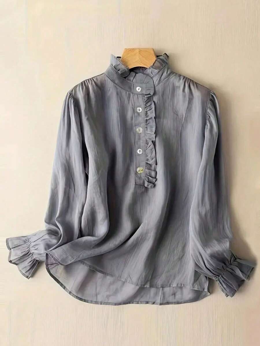 Women's Vacation Casual Solid Color Stand Collar Ruffle Sleeve Blouse