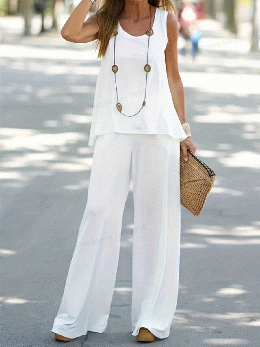 SHEIN Essnce White Asymmetrical Hem A-Line Tunic Loose Wide Leg Pants Casual Holiday Set