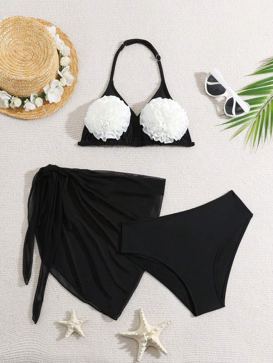 Teen Girl Simple Solid Color Bikini Set Summer Beach