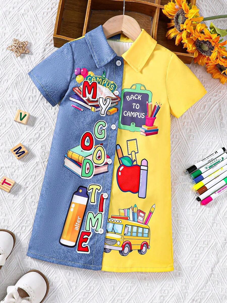 SHEIN Young Girl's Spring/Summer Two-Tone Letter & Book Print Shirt Dress