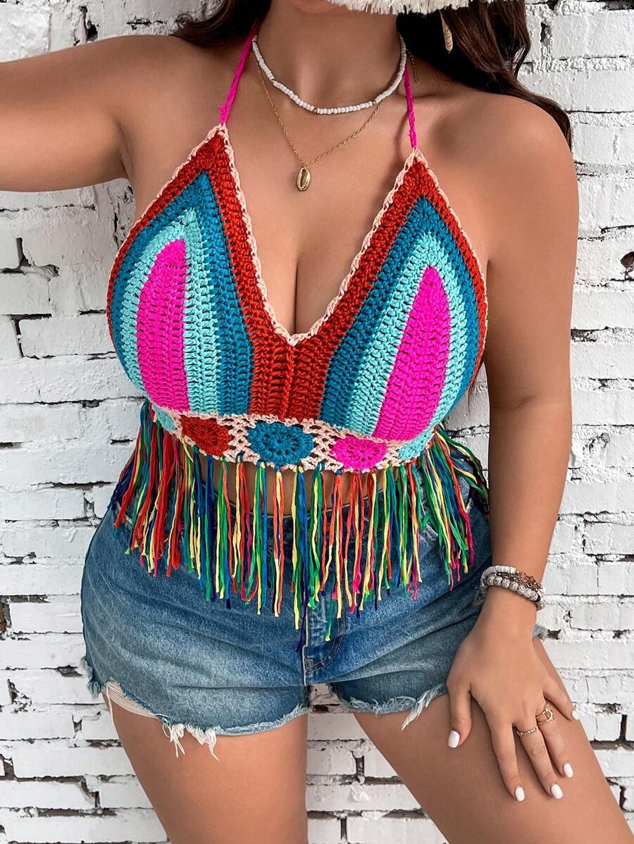 SHEIN VCAY Plus Size Women Striped Patchwork Fringe Hem Halter Neck Tie Back Tank Top For Vacation