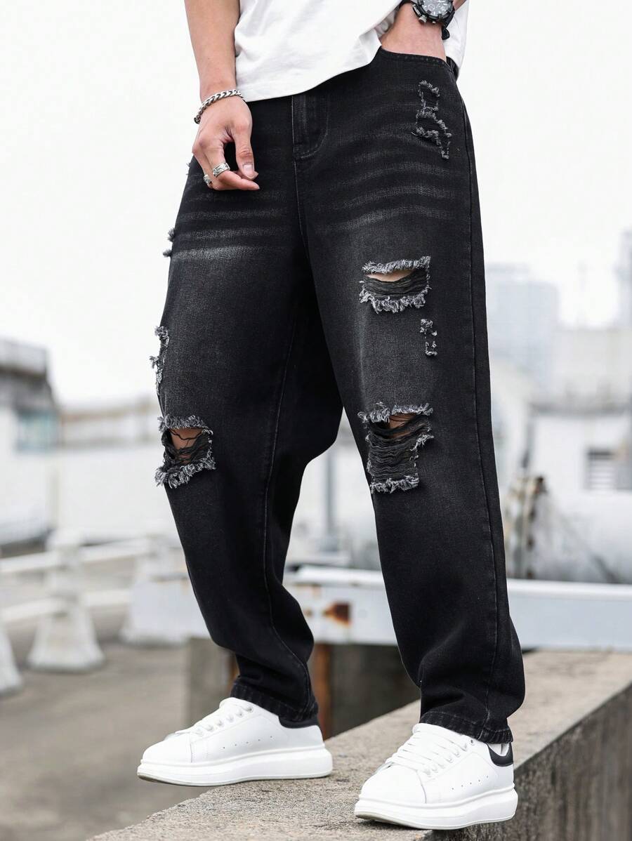 Manfinity EMRG Vaqueros rasgados y lavados de moda casual para hombres de ajuste holgado