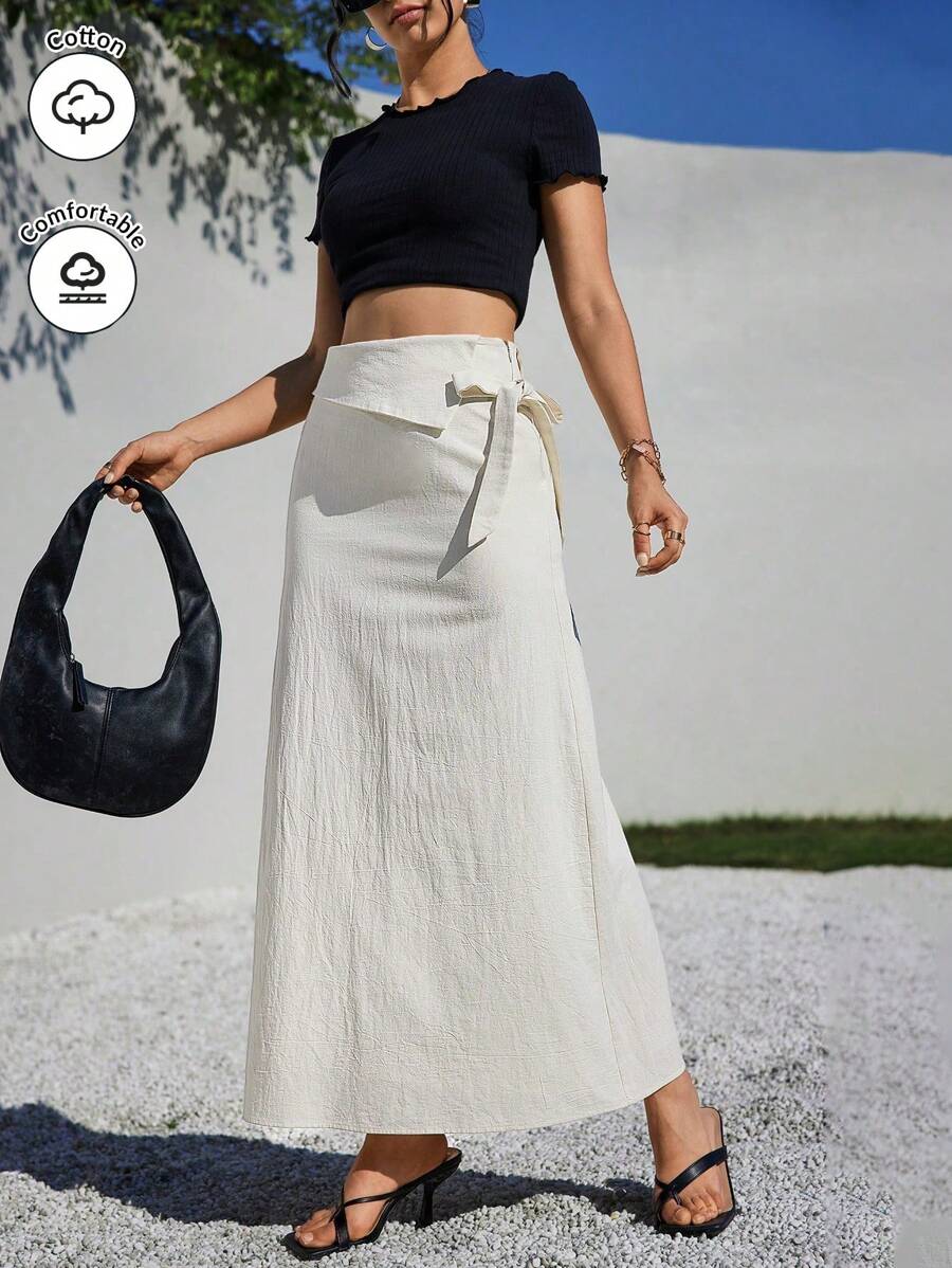 SHEIN Essnce Summer Women Daily Casual Folded High Waist Long Half Line Skirt