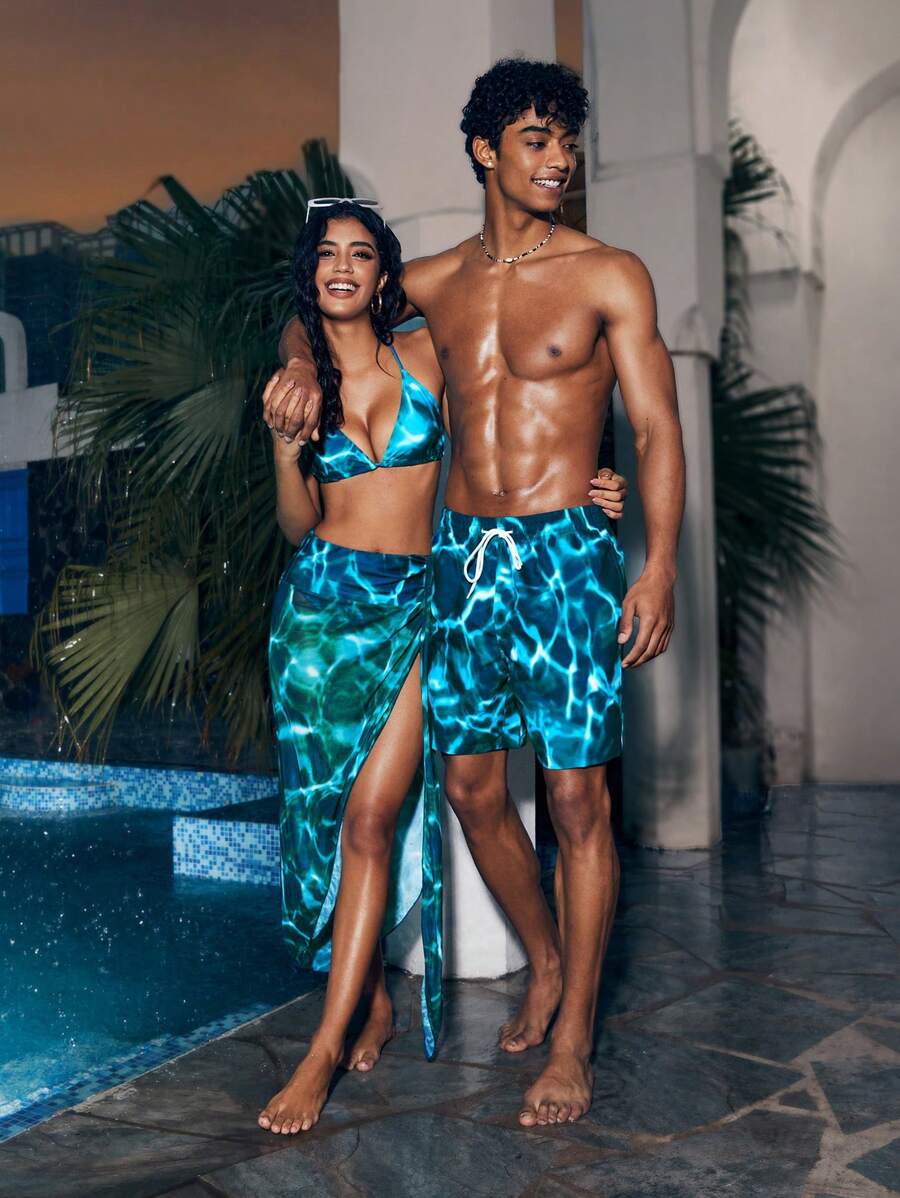 Manfinity VDAYZ 1pc Men Fashionable Casual And Loose Beach Holiday Swim Trunks Couples Matching Swimwear, For Beach, Vacation,Hawaiian