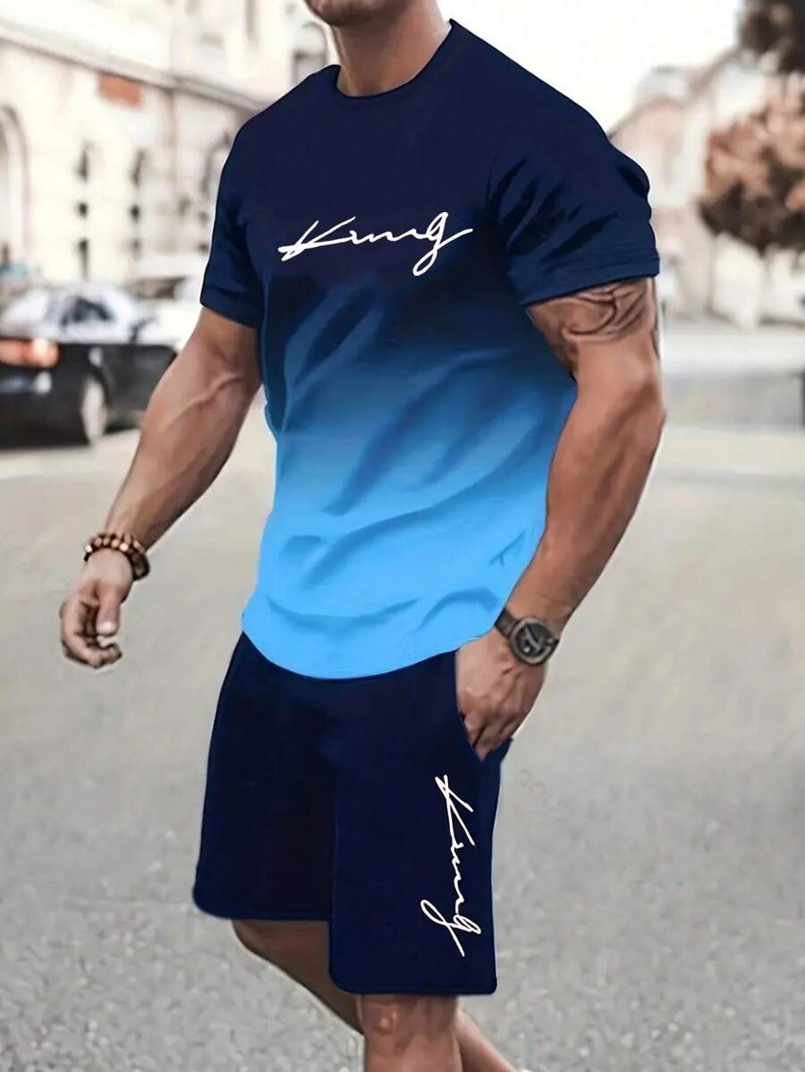Manfinity Dauomo Men Summer Casual Set - Letter Printed Ombre Short Sleeve T-Shirt And Shorts