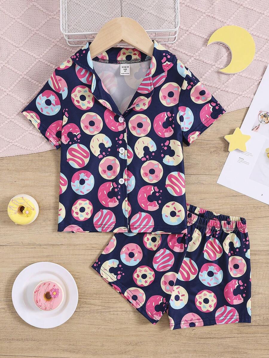 Kleine Mädchen Donut Muster kurze Ärmel lockere Passform 2 Stücke Set für Zuhause