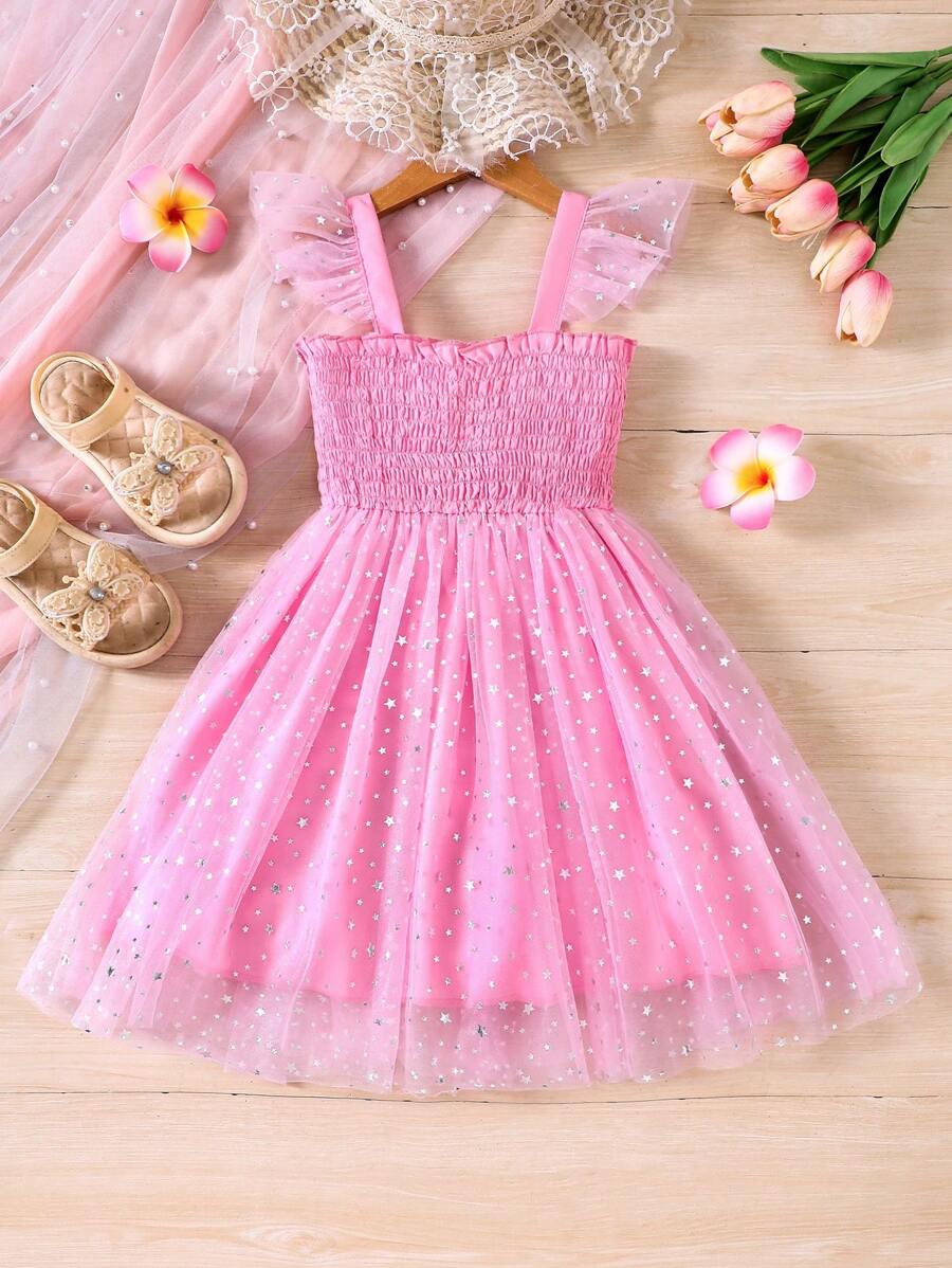 SHEIN Young Girl Wedding Organza Sequins Decorated Party Dress