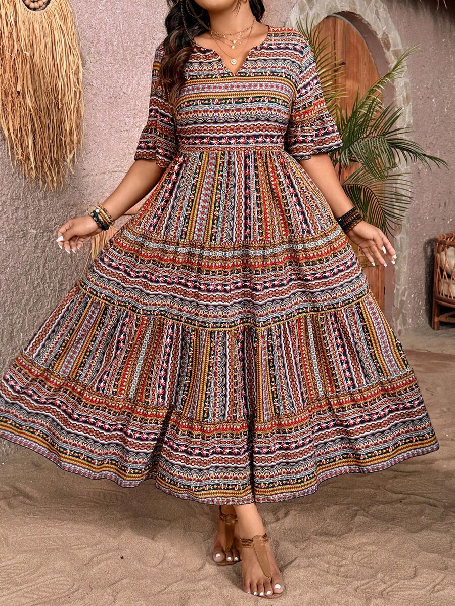 Breezaya Plus Size Women Vacation Bohemian Floral V-Neck Long Elegant Flare Sleeve Dress With Notched Neckline, For Christmas Maxi Women Outfit