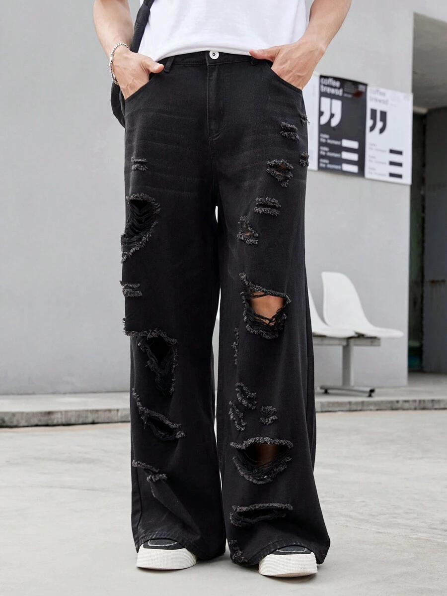Manfinity EMRG Men Loose Straight-Leg Jeans With Holes And Pockets For Daily Casual Wear