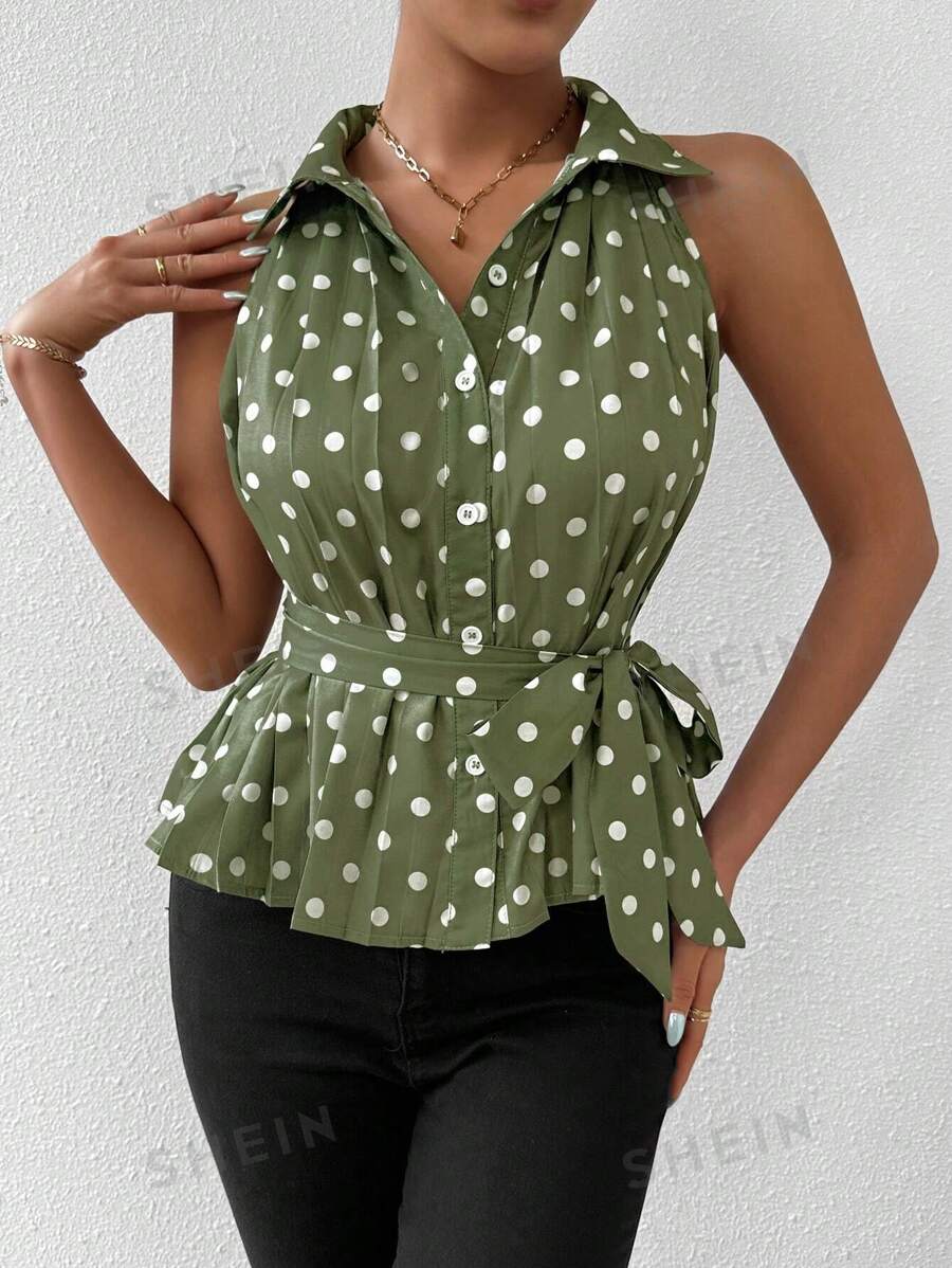 SHEIN LUNE Camisa de verano para mujer con estampado de lunares sin mangas con elegante cuello de solapa, placket de botones y pliegues