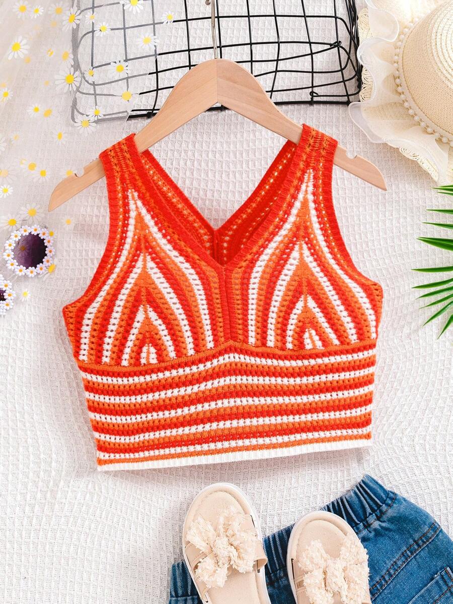 SHEIN Tween Girl Colorblock V Neck Summer Striped Sleeveless Sweater