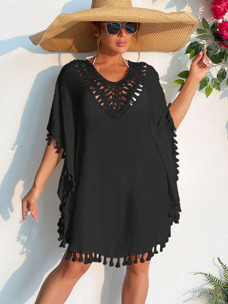 SHEIN Swim Women Fashionable Solid Color Fringe Hem Short Sleeve Hollow Out Cover-Up,Summer Beach