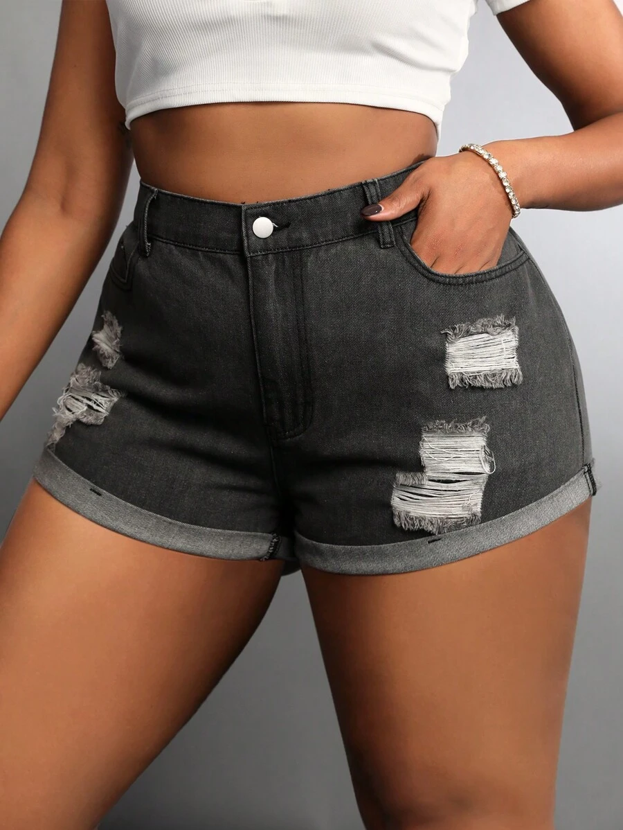 SHEIN SXY Plus Size Elastic-Free Stylish Distressed Folded Hem Denim Shorts
