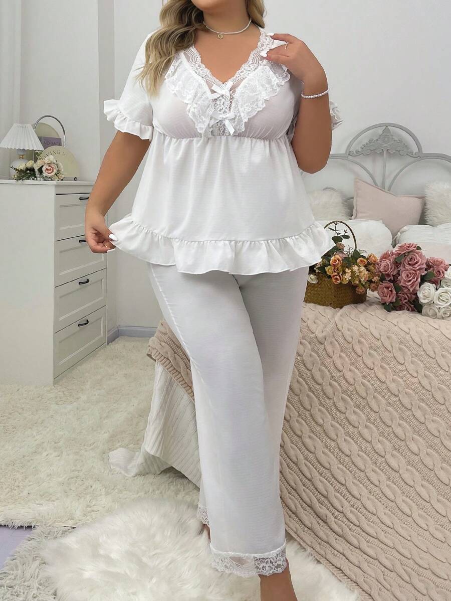 Plus Size Lace Splicing V-Neck Drawstring Short Sleeve Long Pants Pajama Set