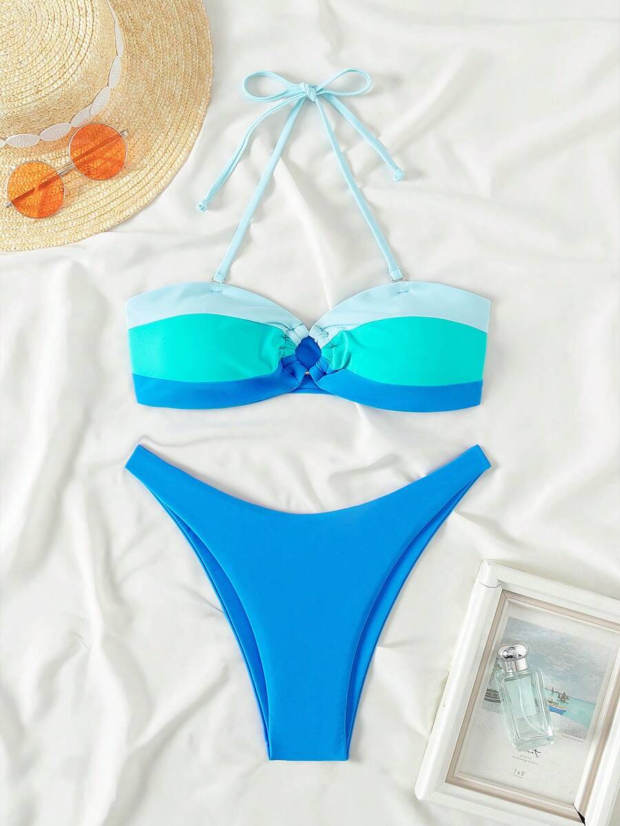 SHEIN Swim Vrouwen Color-Block Bikini Set Met Sexy Halterband En Ronde Ringen Verbinding, Perfect Voor Strandvakantie Zomer