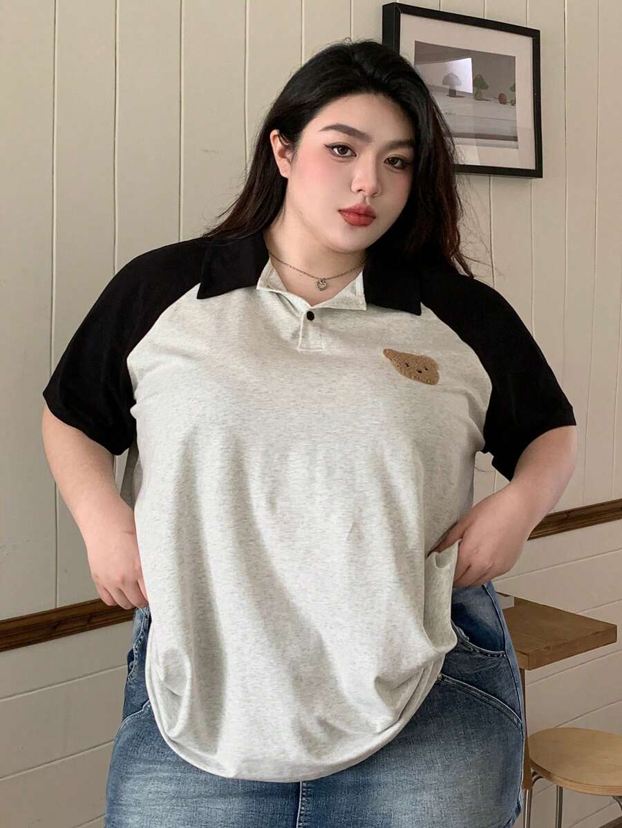 Dazy Plus Plus Size Color Block Embroidered Polo Collar Patchwork Loose Short Sleeve T-Shirt, For Summer