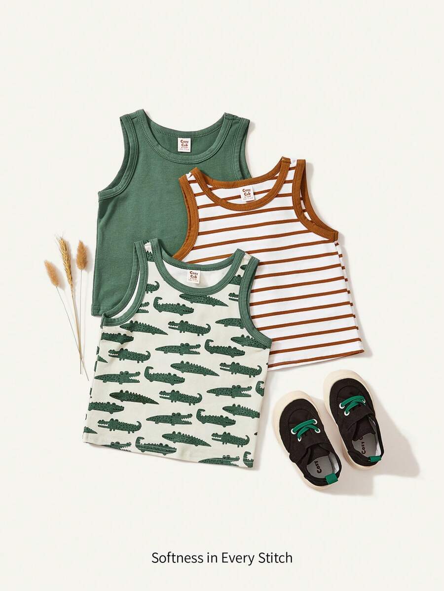 Cozy Pixies Baby Boy Cartoon Crocodile Pattern Tank Tops With Color Block Round Neck, 3pcs/Set