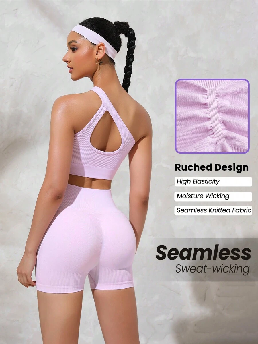 SHEIN Sport Studio Summer Solid Color Rib-Knit Hollow Out One-Shoulder Top And Wide Waist Short Shorts Seamless Slim Fit Sportswear Set