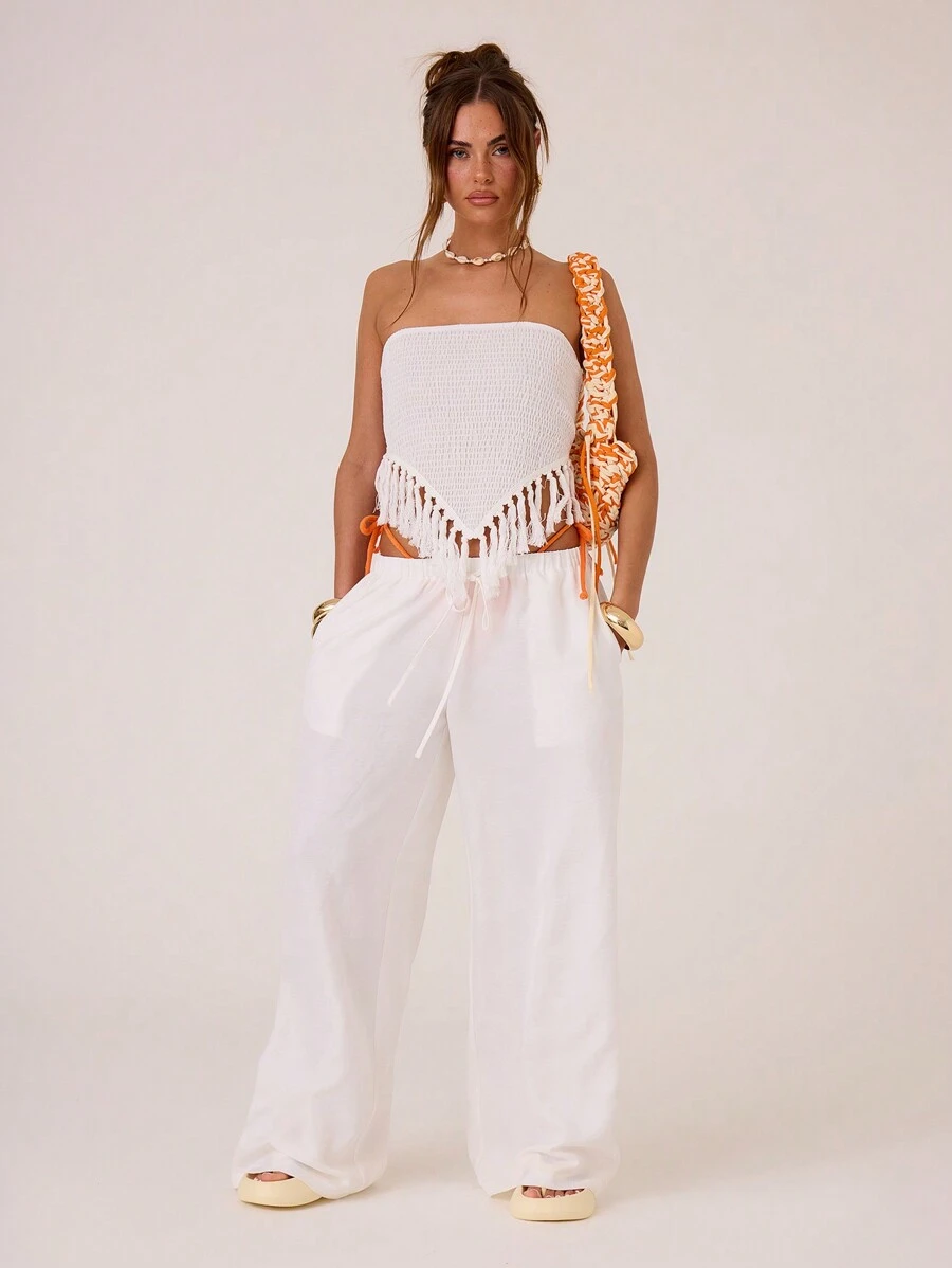 MUSERA Summer Vacation Shirred Tassel Hem Bandeau Top Summer Ibiza