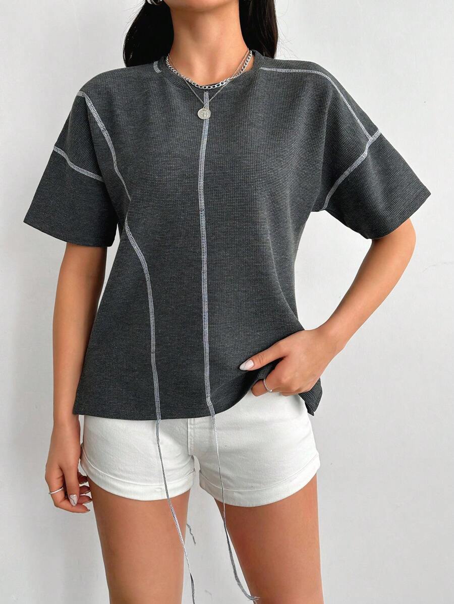 RueChic Tricou oversize cu broderie de culoare solidă pentru femei