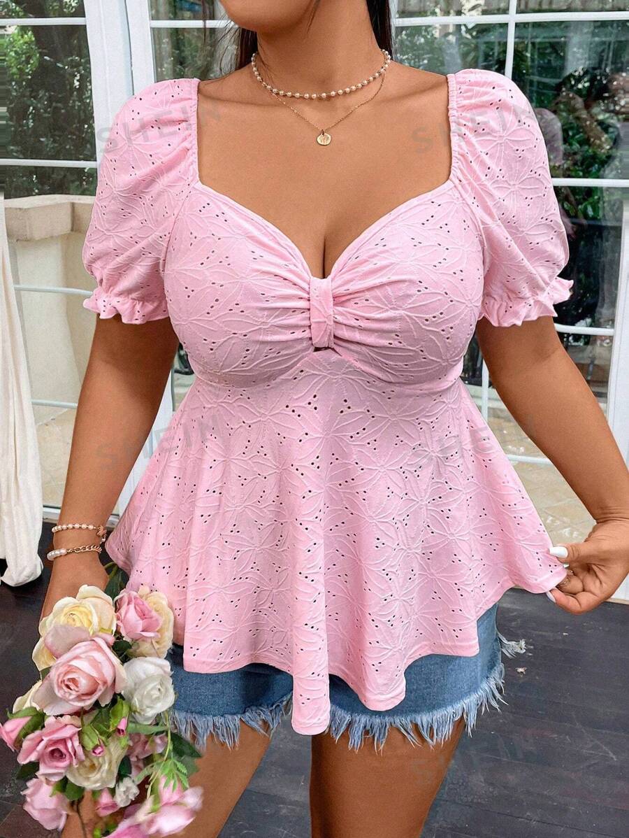 SHEIN MOOSTA Camiseta dulce y linda de talla grande con manga corta y textura de jacquard, cuello Henley