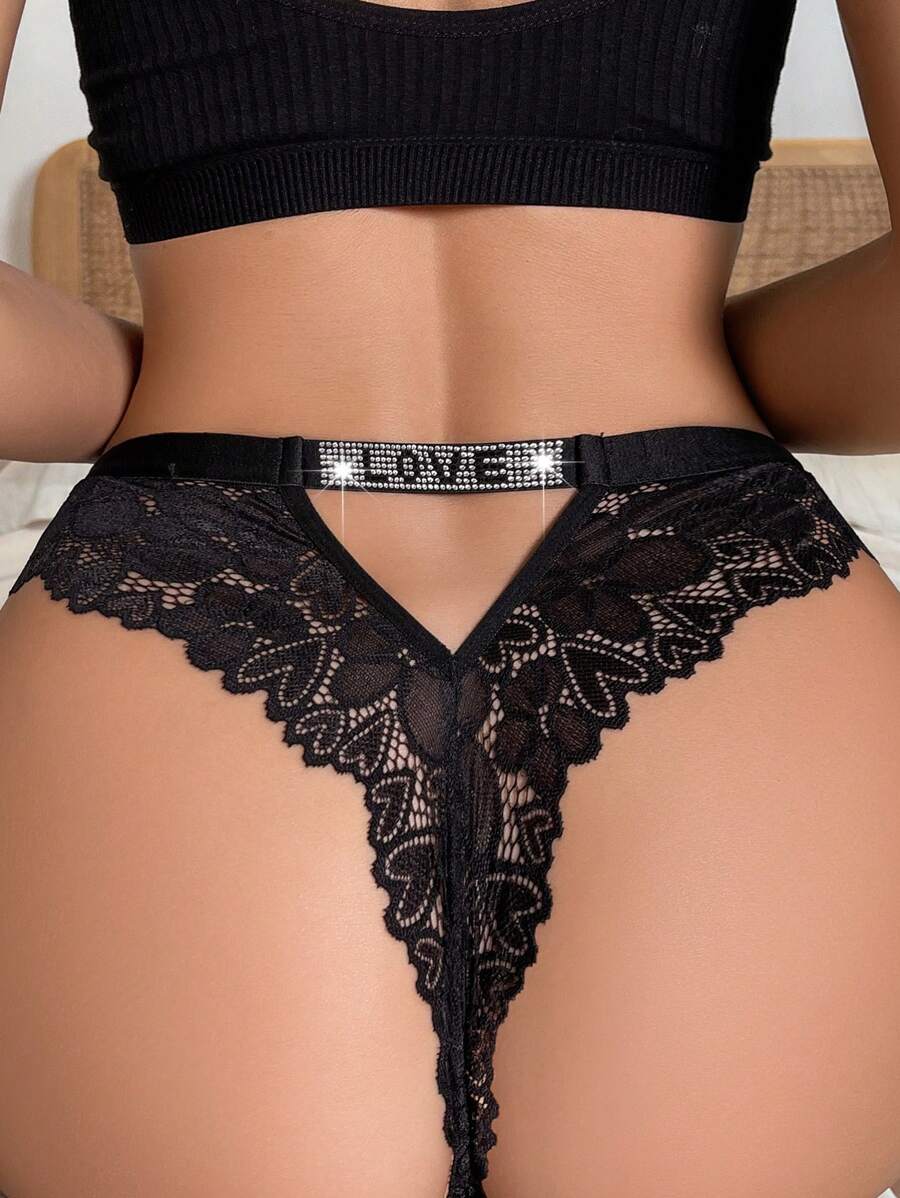 Mujeres sexy lencería con encaje LOVE y tanga de diamantes con banda elástica