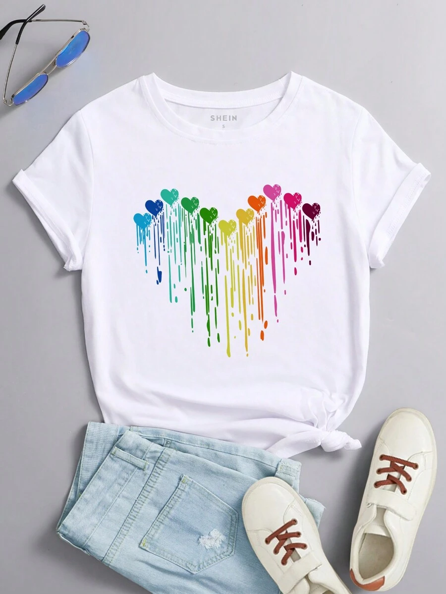 INAWLY Women Summer Heart Print Round Neck Short Sleeve Casual T-Shirt Graphic Tees Women Tops