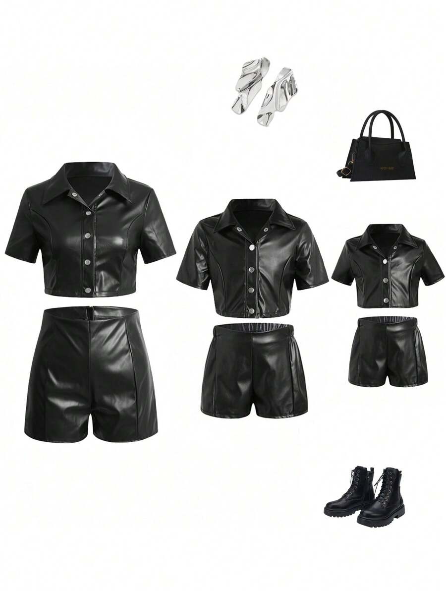 Teen Girl Black Short Sleeve Leather Jacket + Casual Leather Shorts Sibling Outfits Matching Outfits (3 Pieces Are Sold Separately)