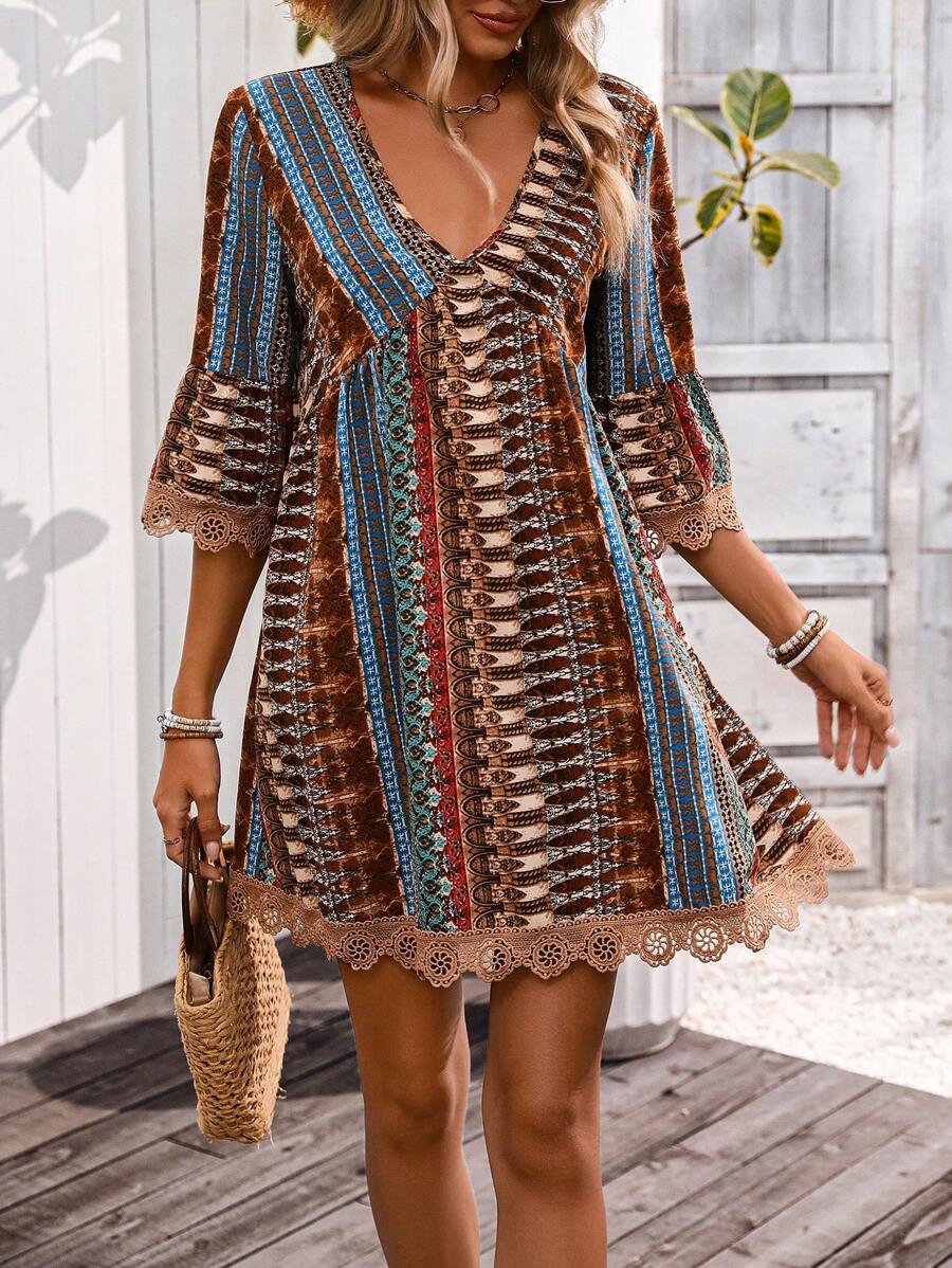 SHEIN LUNE Women Vacation Loose Floral Print V-Neck Ruffled Sleeve Dress