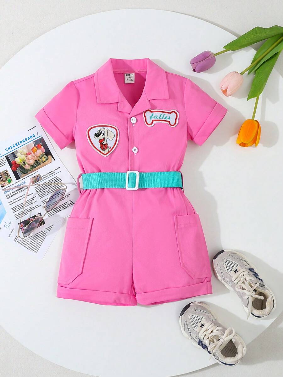 Baby Girl Cute Letter Puppy Printed Short Sleeve Romper, Casual Style