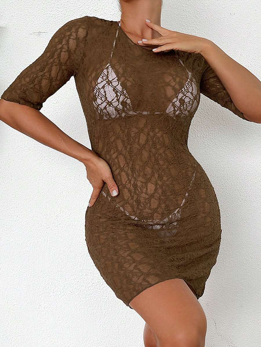 SHEIN Swim Sukienka o kroju Summer Beach Resort w jednolitym kolorze z koronki wyszczuplającej