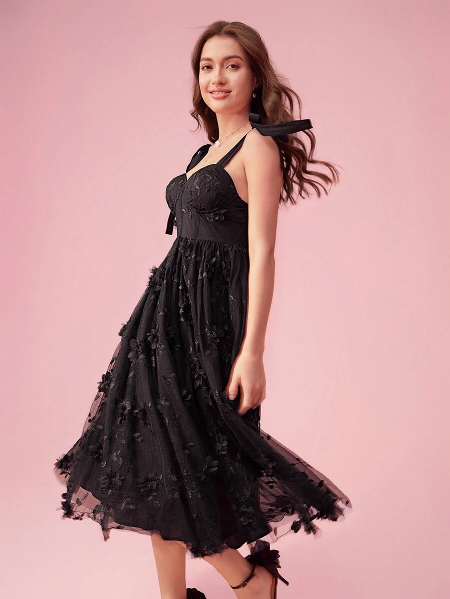 Enchnt Women Summer Elegant Spaghetti Strap Dress With 3D Floral Decoration, Mesh Contrast And Ruffled Hem