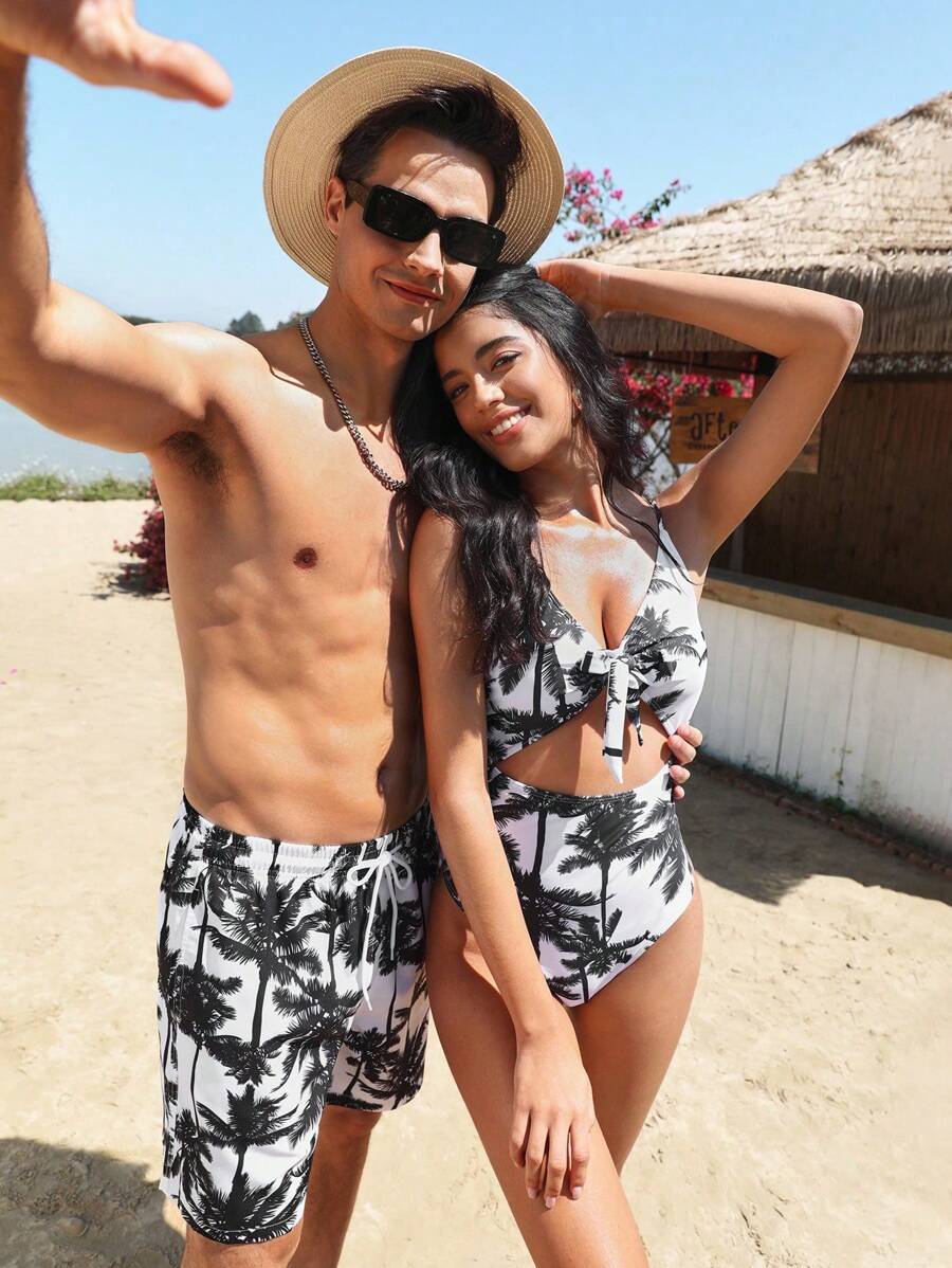 Manfinity VDAYZ 1 pièce Short de plage à cordon de serrage avec graphique pour hommes (imprimé coupe aléatoire). Short de piscine pour la plage, les vacances, les maillots de bain assortis pour couples, Hawaïen