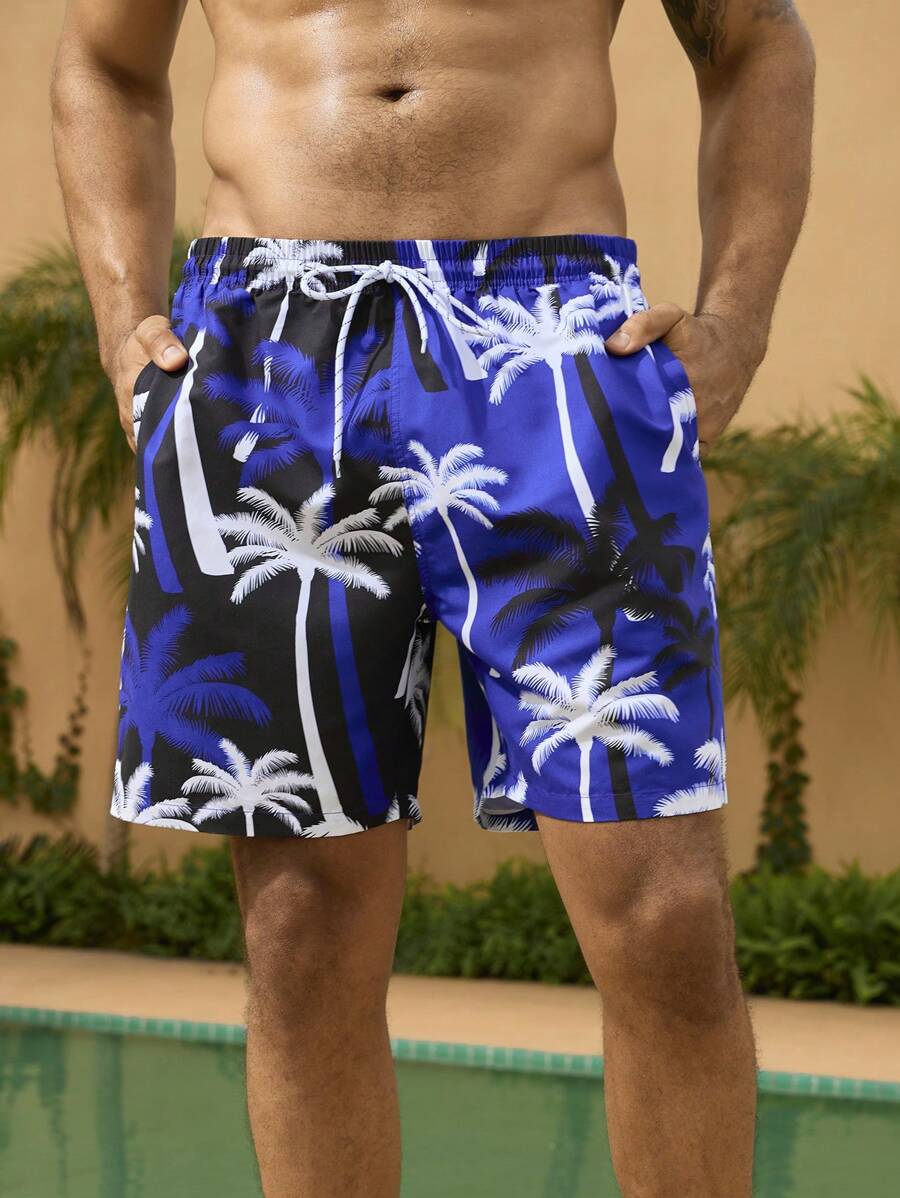 Manfinity Heren grote maten vakantie casual strandshorts met kleurblokken en kokospalmprint
