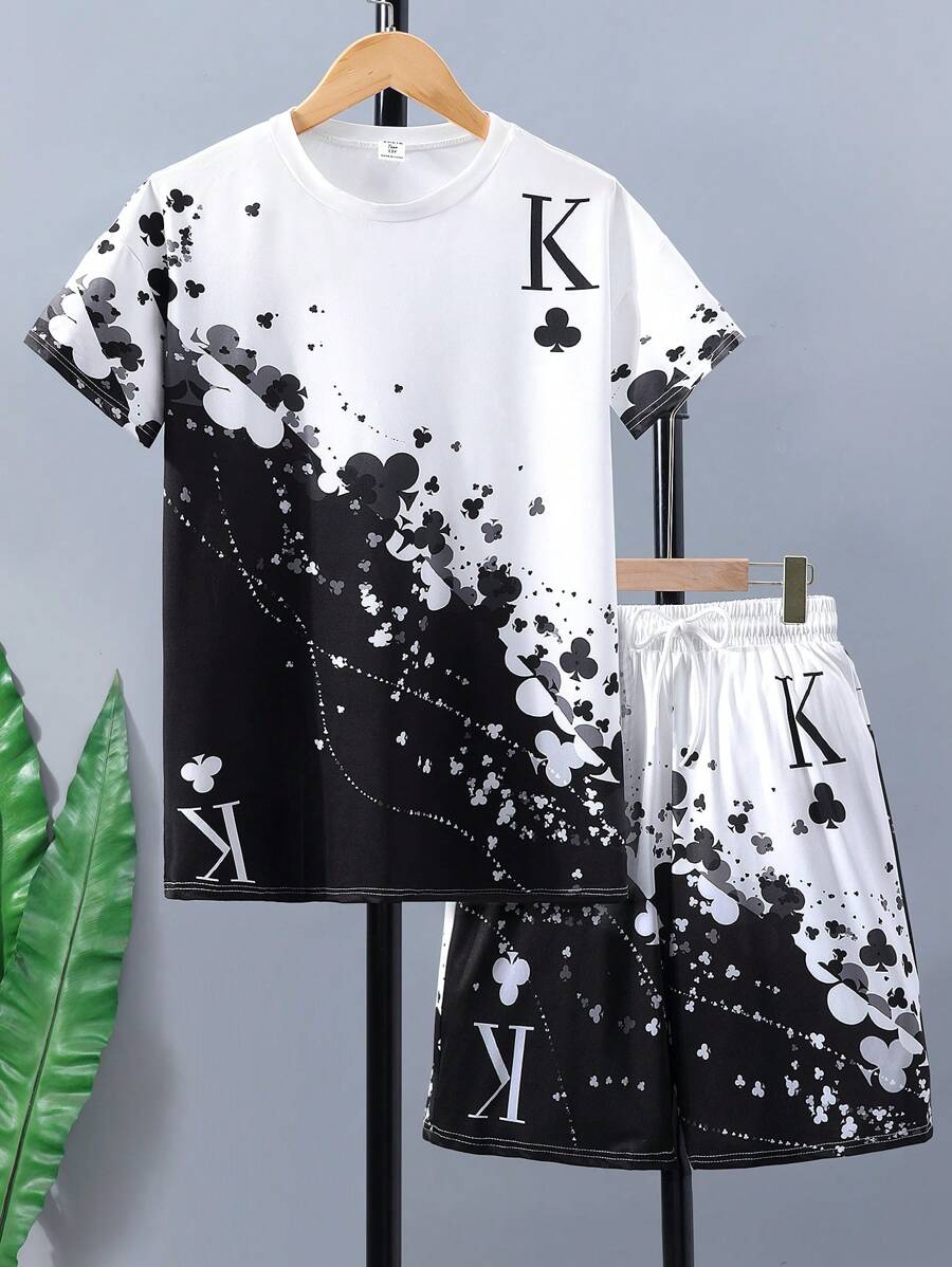 Teen Boy's Black Spades Print Short Sleeve T-Shirt And Shorts Set, School, Campus, College