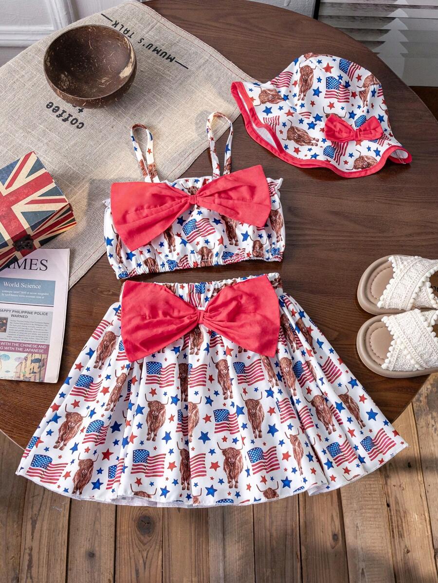 SHEIN Conjunto de 3 piezas para niña joven en vacaciones casuales con detalle de arco en 3D compuesto por top tubular, falda y gorro para el sol para el Eid del verano