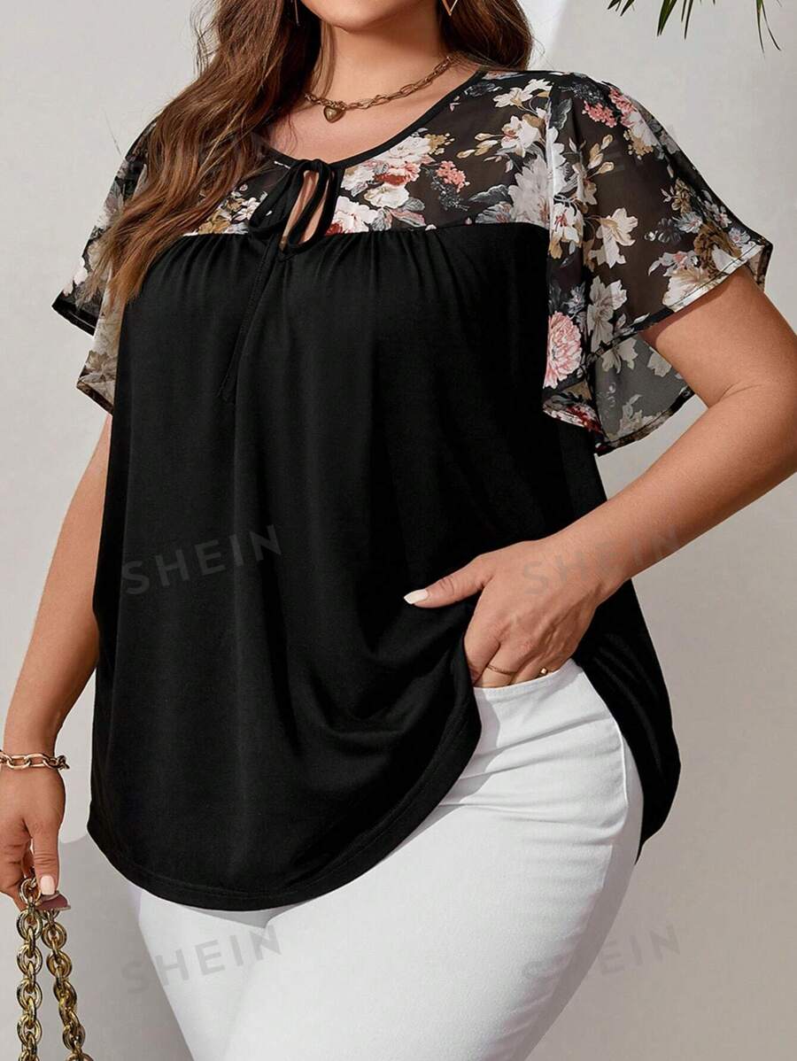 SHEIN CURVE+ Camisa negra para mujer de talla grande con estampado floral primaveral y bloqueo de colores, con lazo, para el verano
