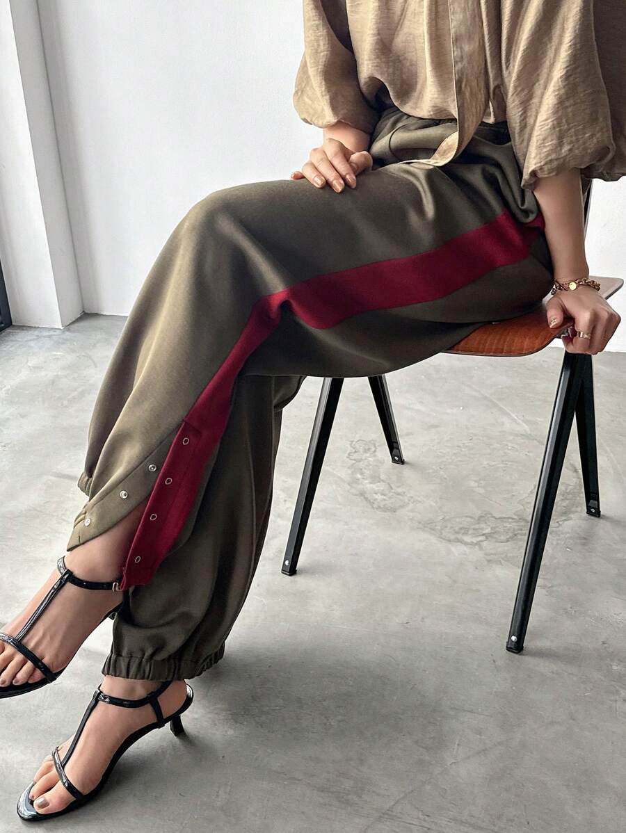 FRIFUL Mujeres Pantalones holgado de bloques de color lateral a la moda para uso casual