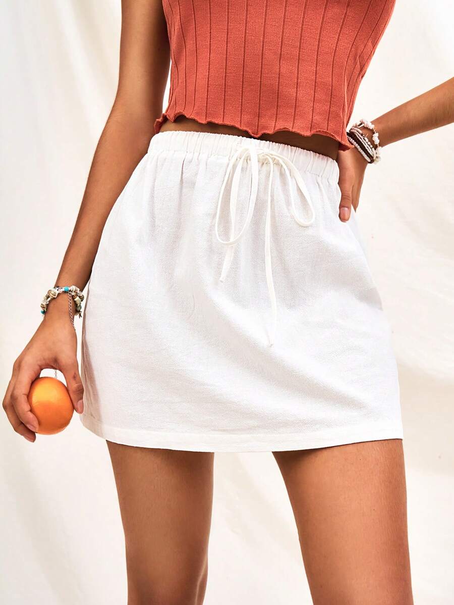 Soleia WYWH Women White Vacation Bodycon Skirt With Elastic Waistband And Ruffled Hem
