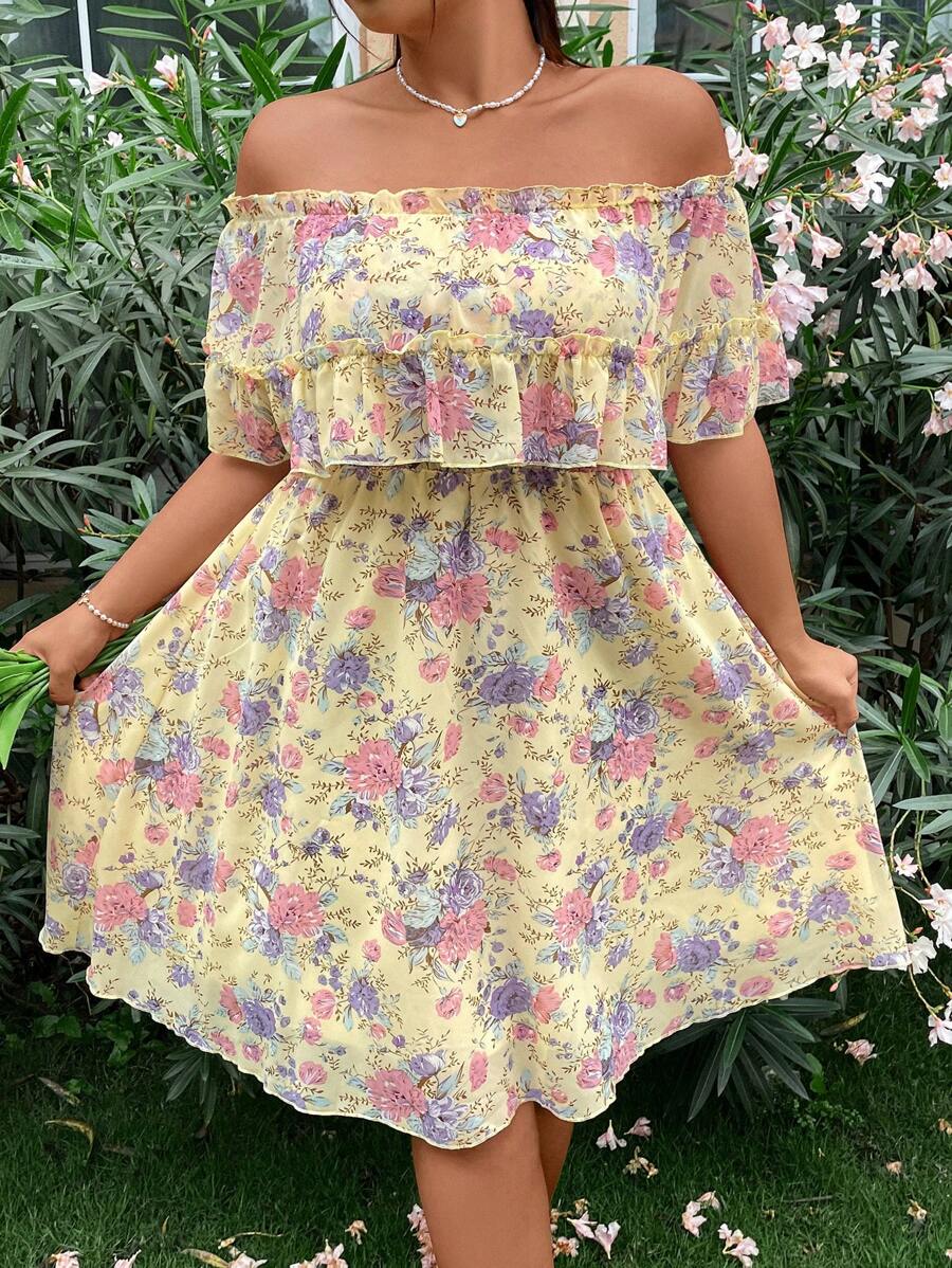 Sunnyshic Plus size off-shoulder bloemenprint romantische vakantiejurk