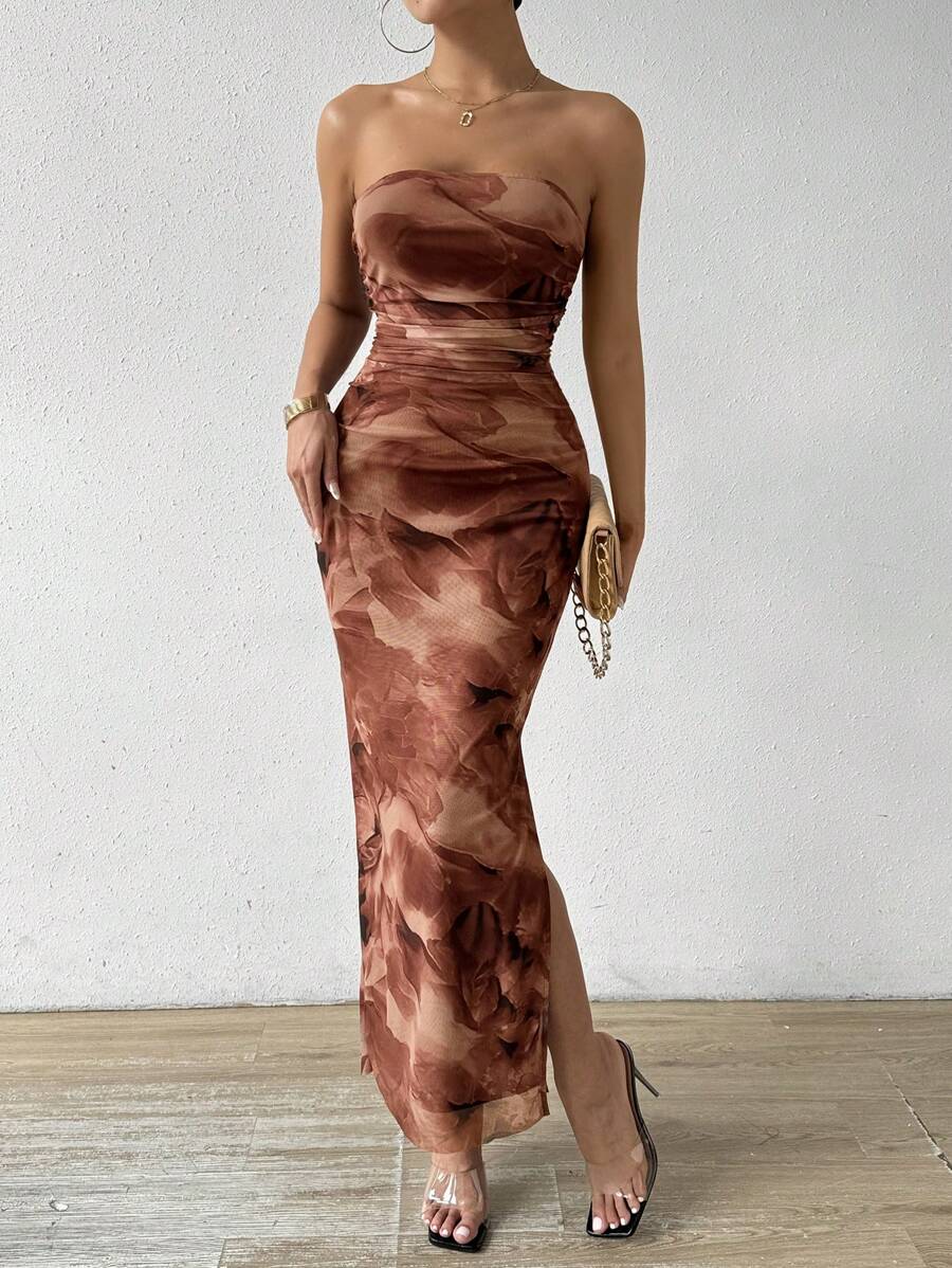 Calvaya Women Sexy Flower Print Pleated Slim Fit Bandeau Dress With Side Slit For Summer Maxi Women Outfit