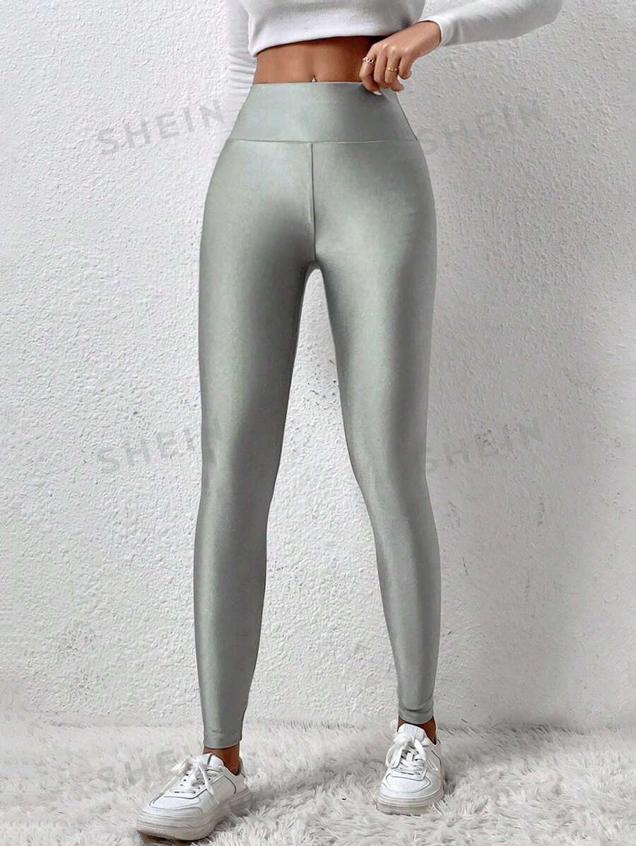 SHEIN EZwear Mallas largas de talle alto, estilo casual y brillante en color plata para tallas grandes