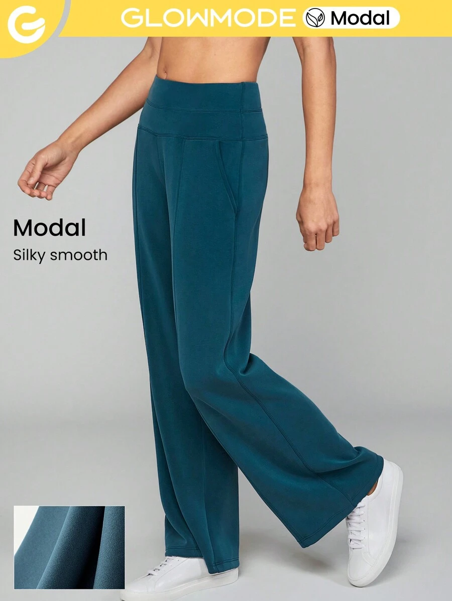 GLOWMODE Modal Silk Touch Wide Leg High Waist Lounge Pants With Side Pockets Daily Casual Fall
