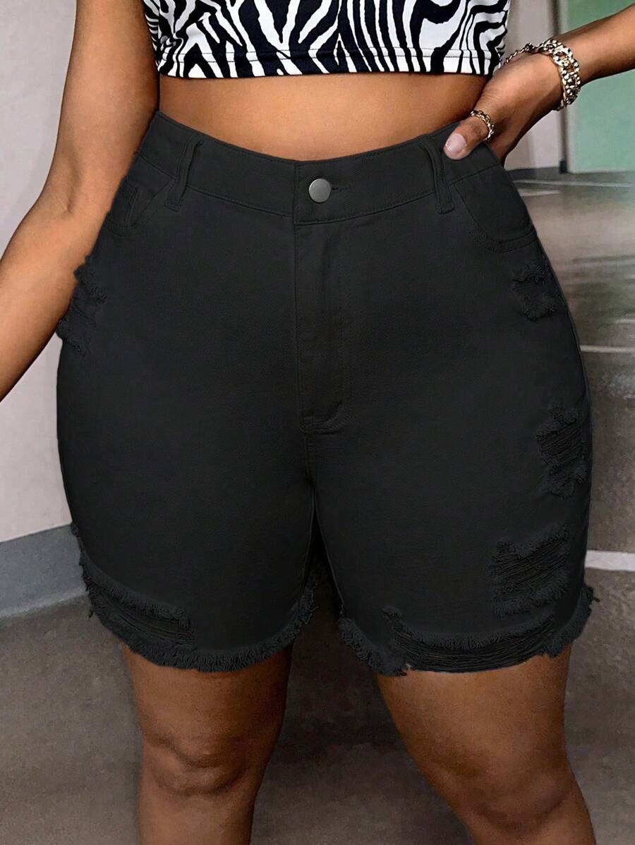 SHEIN SXY Women Plus Size Simple Solid Color Brushed Denim Shorts