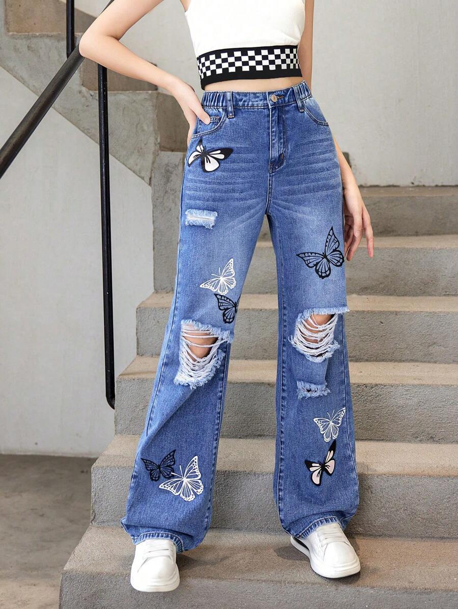 Garota Adolescente Estampas De Borboletas Jeans Rasgado