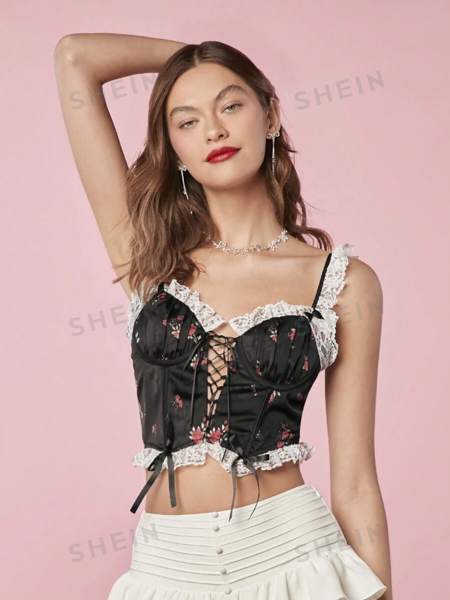 Enchnt Mujeres Elegante Top de tirantes con encaje y espalda abierta con nudo para el verano