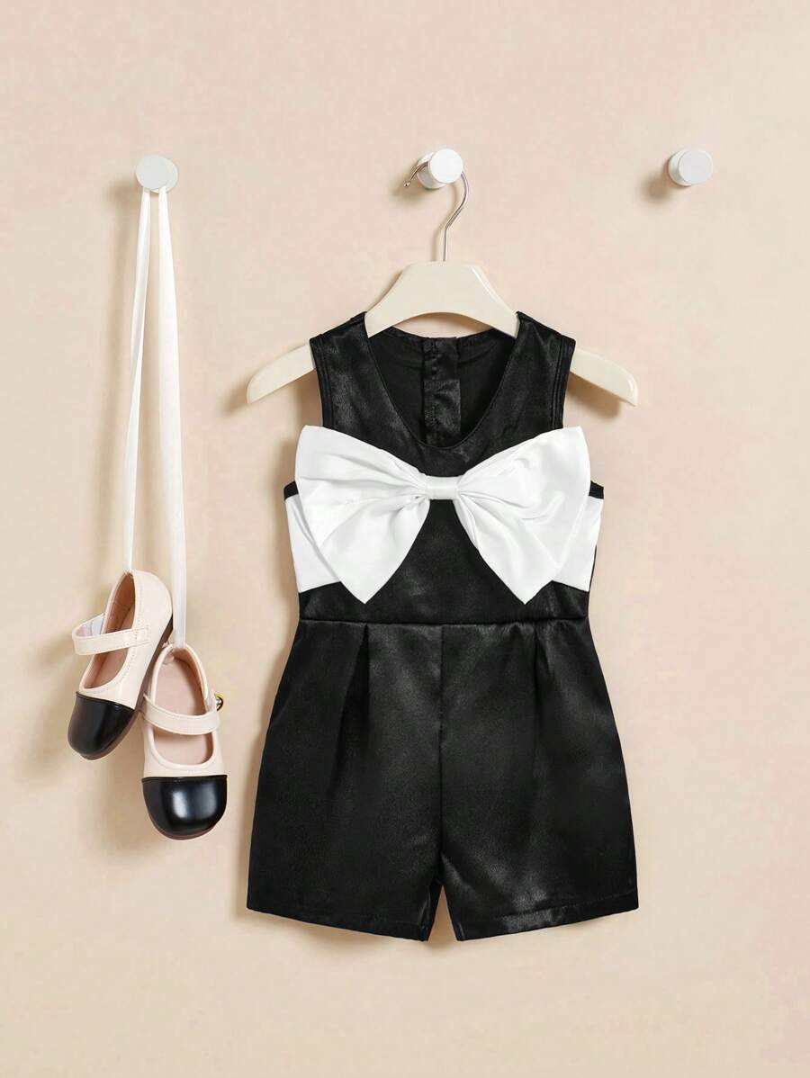 SHEIN Nova Chegada de Verão para Meninas: Macacão Simples e Elegante de Nó de Laço Preto e Branco